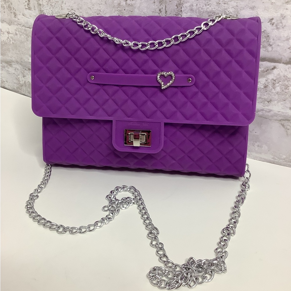 Gummy Bags American Jewel Purple Rubber Purse Rhinestone Heart Charm 40" Chain